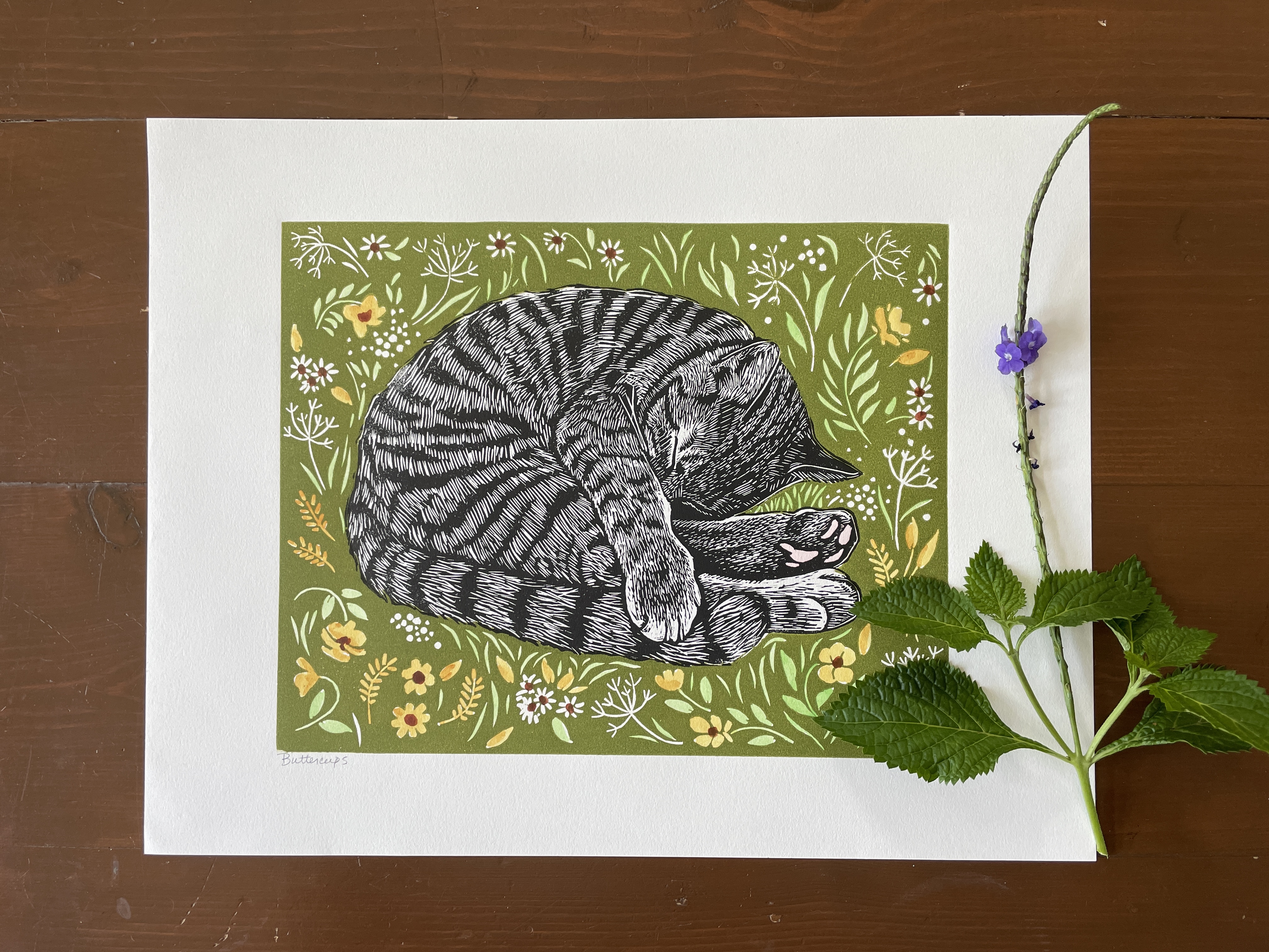 Cat with Stripes and Circles, Linocut Fine Art Print